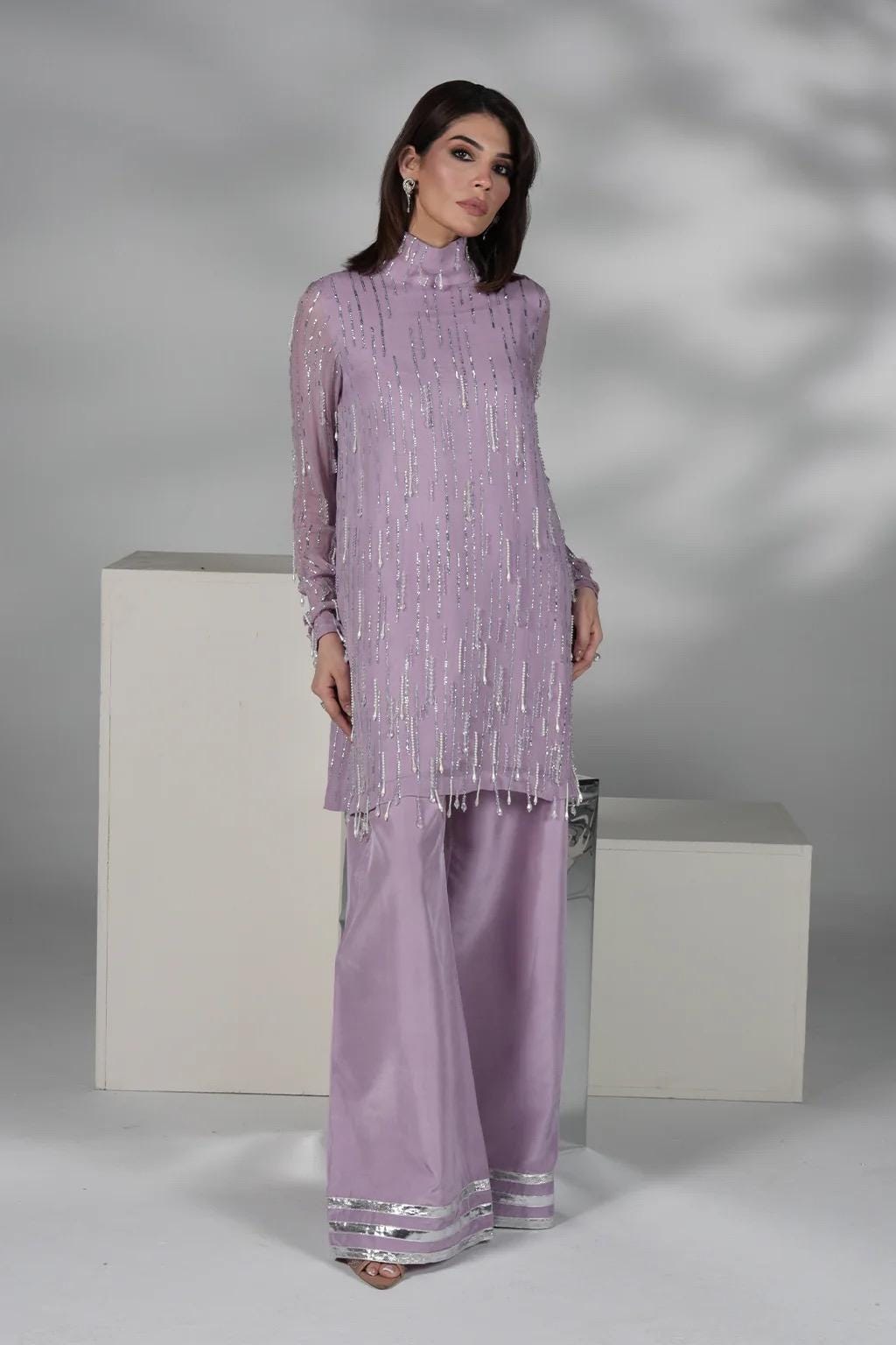 Lilac Chiffon Pakistani Outfit, Embroidered Kameez Shalwar, Pearl Work
