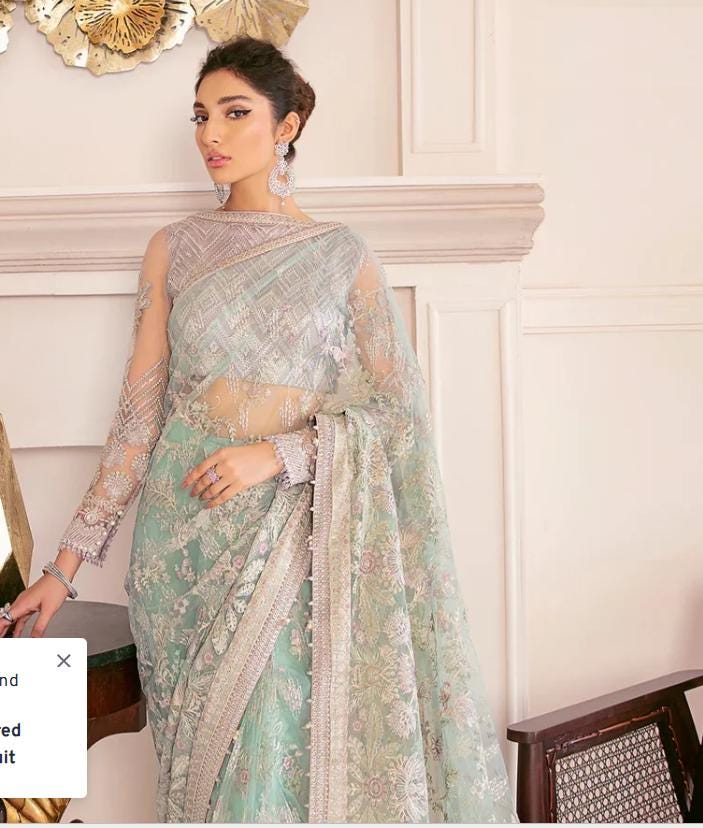 Sea Green Embroidered Net Saree: Indian Silk Wedding Party Wear