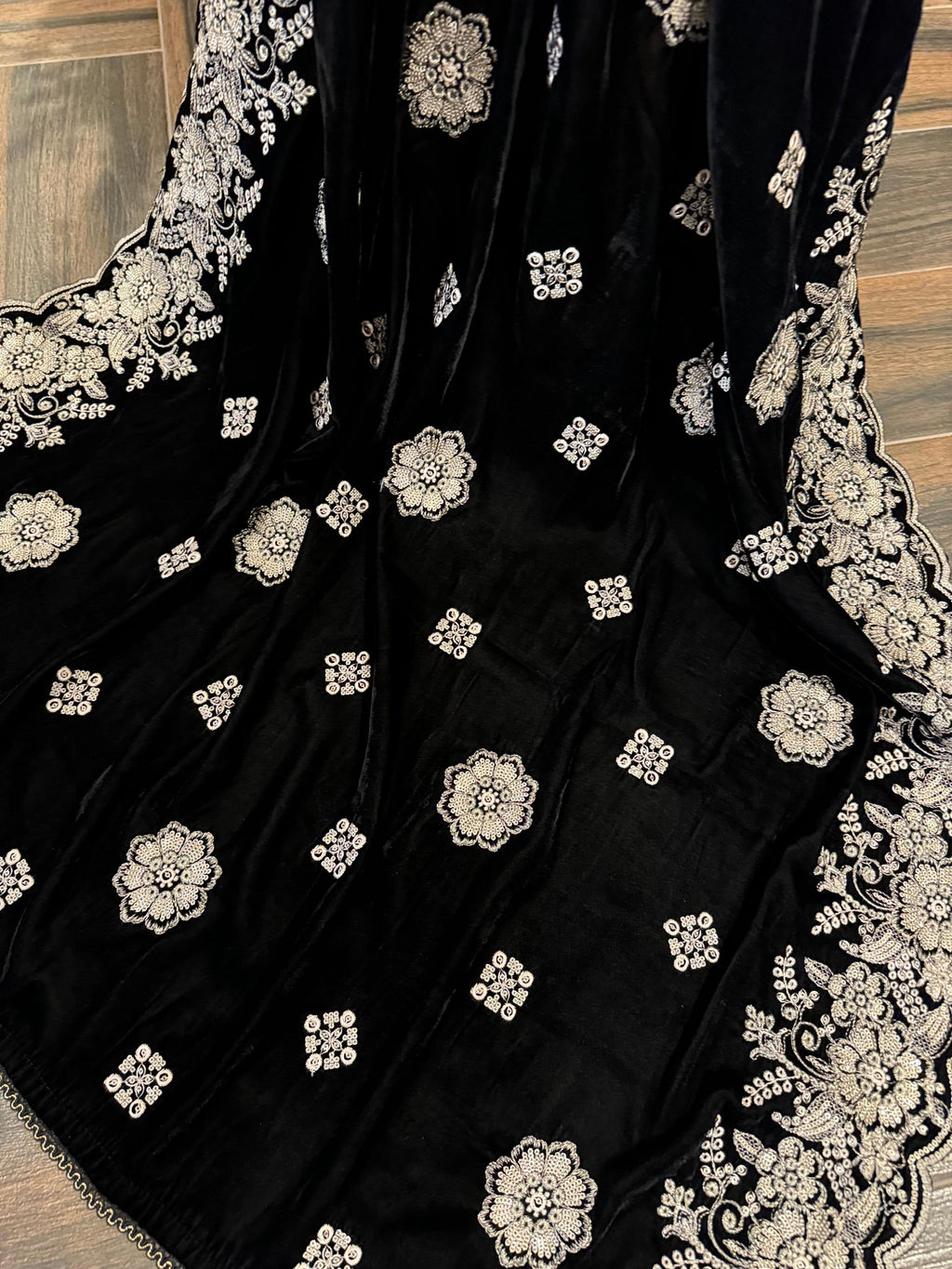 Black Velvet Shawl, Silver Gold Embroidered Floral, Indian Wedding Shawl