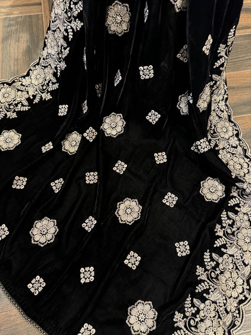 Black Velvet Shawl, Silver Gold Embroidered Floral, Indian Wedding Shawl