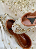 Grey Dupion Silk Bridal Jutti, Gold Dabka Mirror Work, Indian Flats