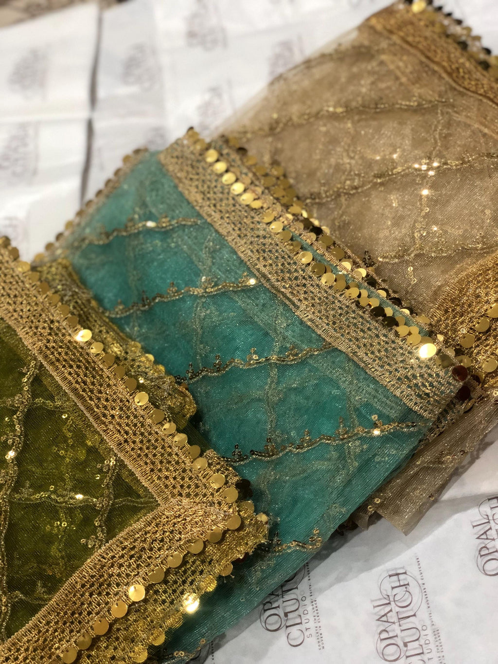 Zari Net Dupatta, Gold, Blue, Green, Engagement Mehndi Wear