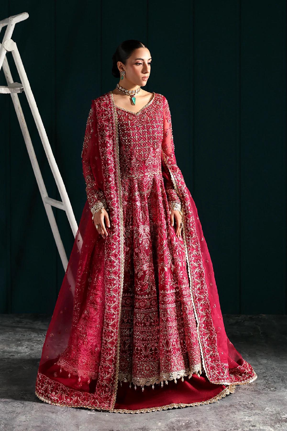 Fuchsia Embroidered Kamdani Maxi Dress: Pakistani Bridal Lengha