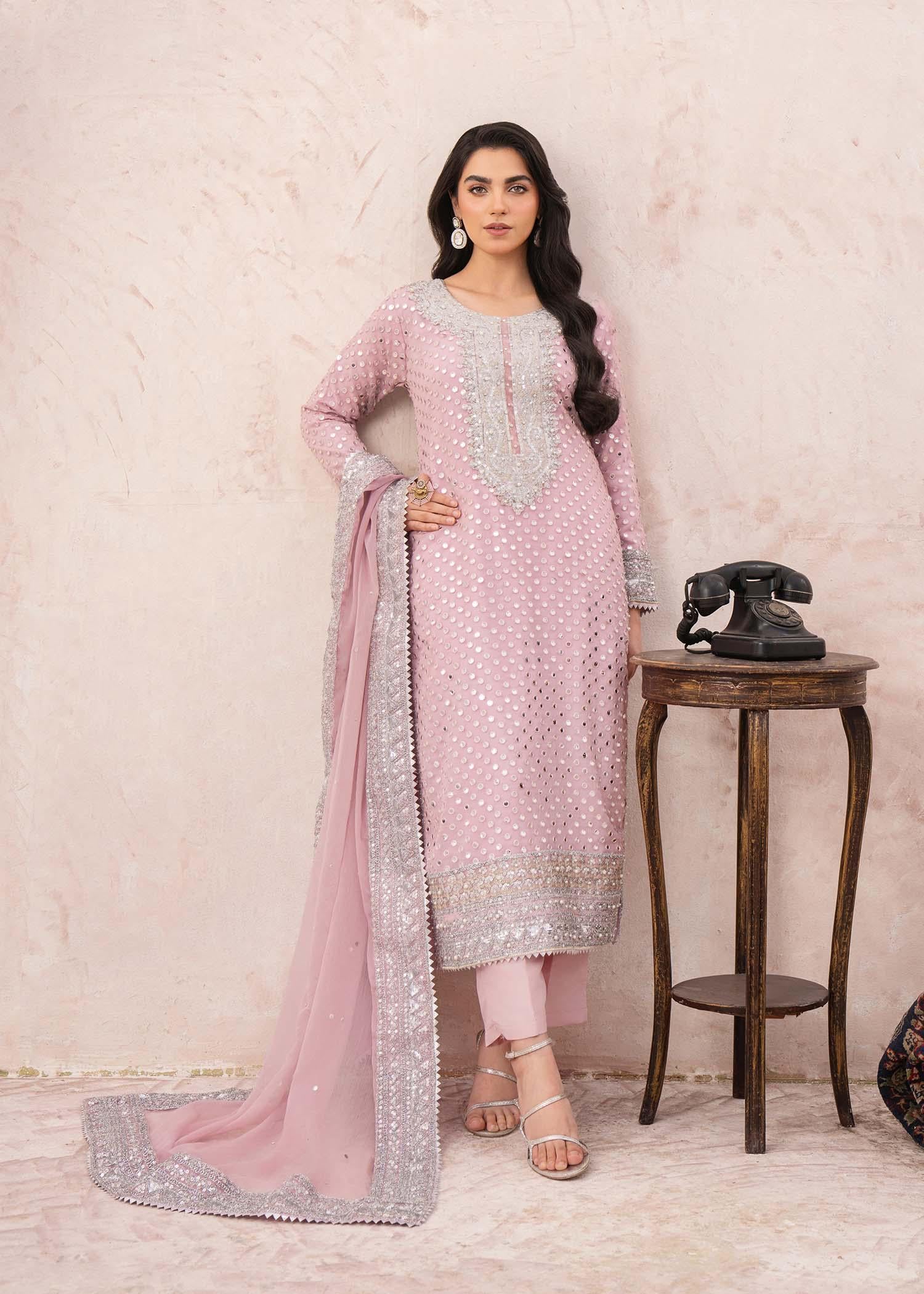 Pink Pakistani Wedding Dress: Pearl Kamdani 3-Piece Shalwar Kameez