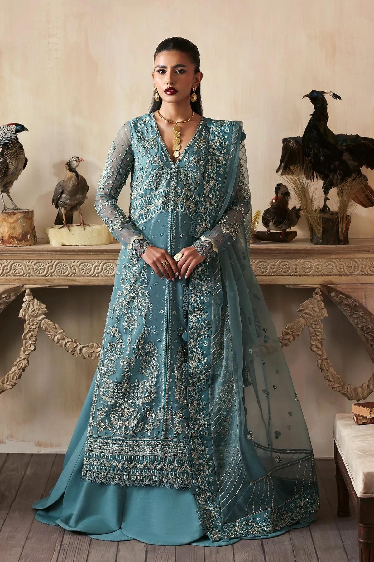 Teal Blue Embroidered Organza Pakistani Suit: 3-Piece Wedding Party Wear