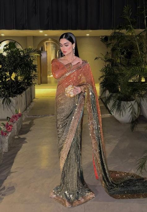 Black and orange Sequin Saree with Embroidered Blouse: Indian Party Wear