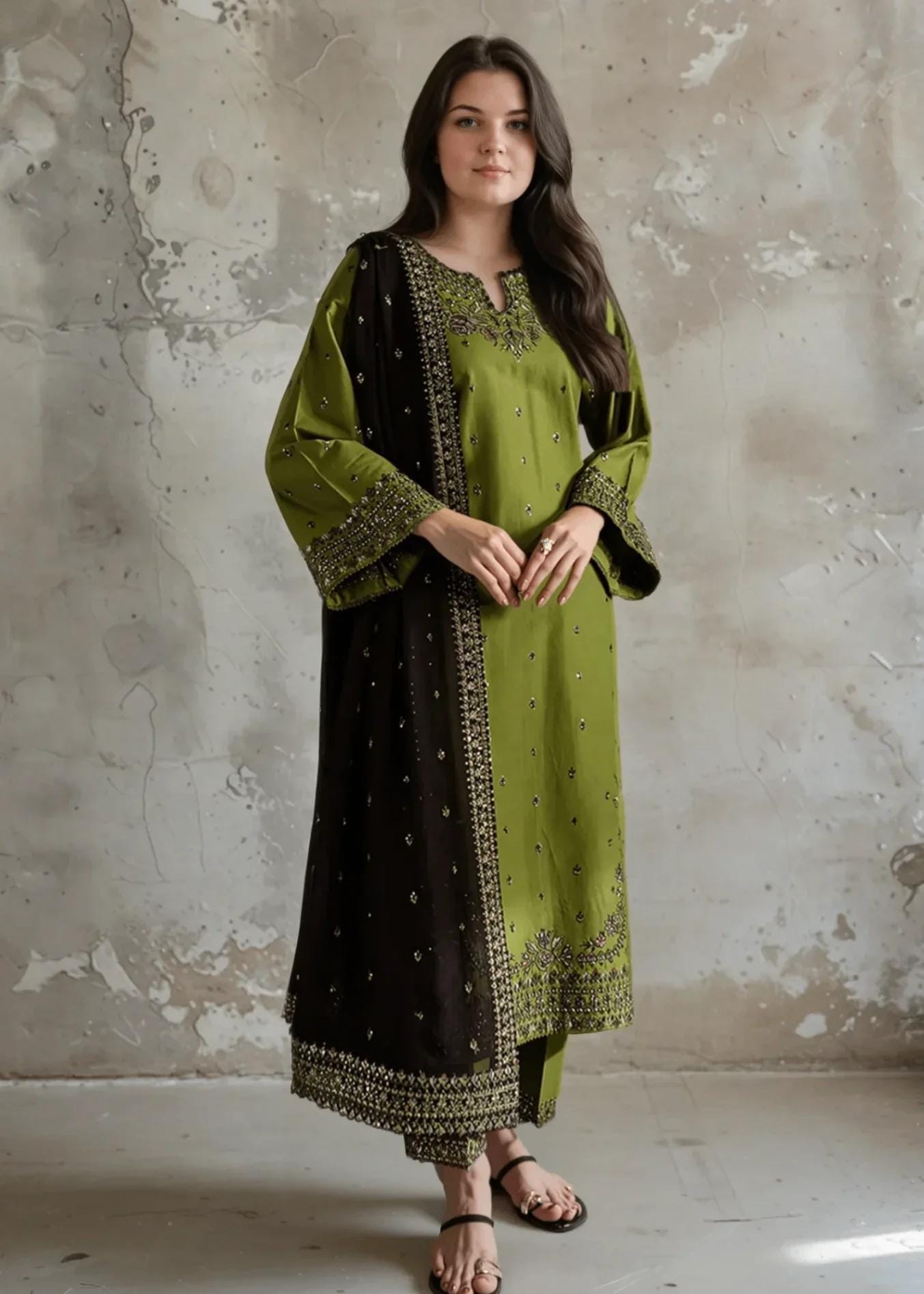 Embroidered Khaddar Olive Green Salwar Kameez with Chiffon Dupatta