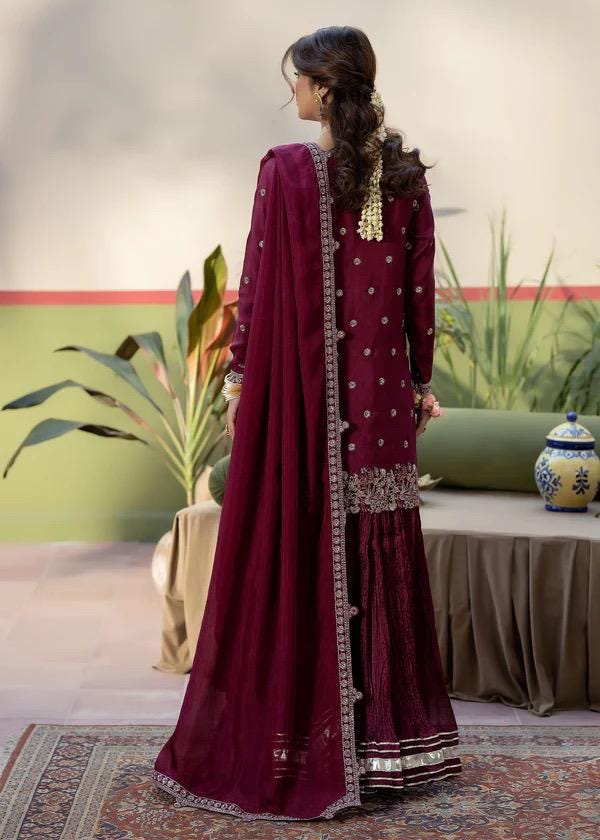 wine silk short shirt with crush  shahrara pants and duppata 3pc suit
