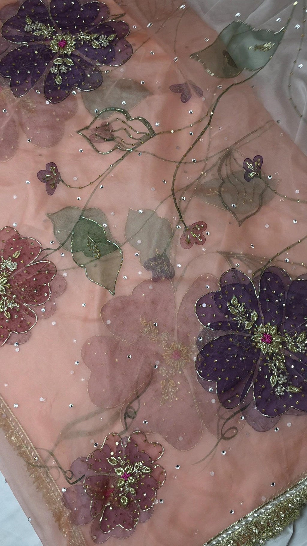 Hand-Painted Bridal Dupatta: Pink Floral, Hand-Embellished